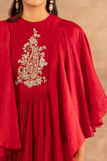 Jayanti Reddy_Red Silk, Raw Silk, Georgette Zardozi Placement Embroidered Draped Anarkali _Online_at_Aza_Fashions