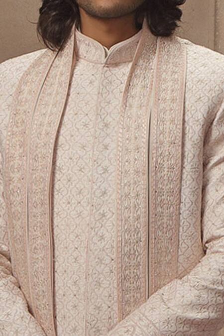Vanshik Beige Raw Silk Embroidered Sherwani Set Online at Aza Fashions Vanshik_Beige Raw Silk Embroidered Sherwani Set _Online_at_Aza_Fashions