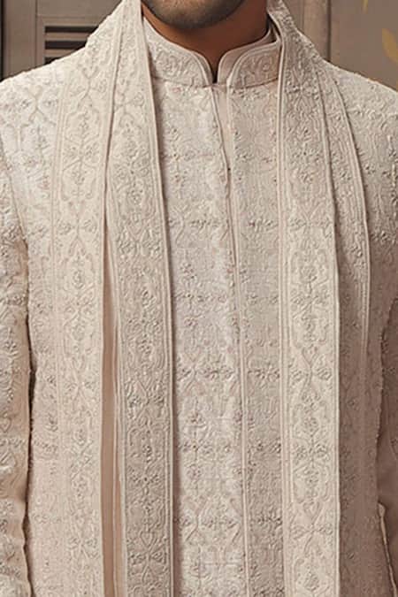 Vanshik Beige Raw Silk Embroidered Sherwani Set Online at Aza Fashions Vanshik_Beige Raw Silk Embroidered Sherwani Set _Online_at_Aza_Fashions