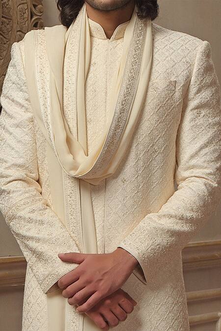 Vanshik Beige Base Fabric Blended Silk Embroidered Sherwani Set Online at Aza Fashions Vanshik_Beige Base Fabric Blended Silk Embroidered Sherwani Set _Online_at_Aza_Fashions