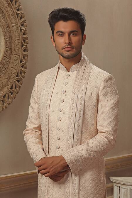Vanshik Beige Base Fabric Blended Silk Embroidered Sherwani Set Online at Aza Fashions Vanshik_Beige Base Fabric Blended Silk Embroidered Sherwani Set _Online_at_Aza_Fashions