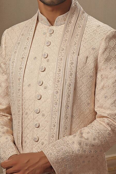 Buy Vanshik Beige Base Fabric Blended Silk Embroidered Sherwani Set Online at Aza Fashions Buy_Vanshik_Beige Base Fabric Blended Silk Embroidered Sherwani Set _Online_at_Aza_Fashions