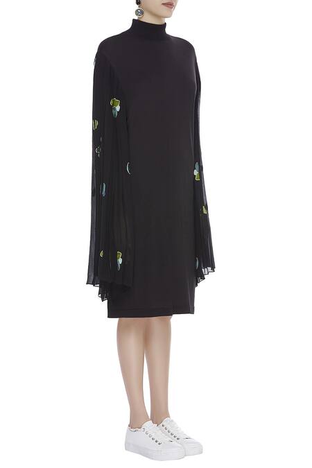 Huemn_Black Silk Georgette Embroidered High Neck Bell Sleeve Dress  _Online_at_Aza_Fashions