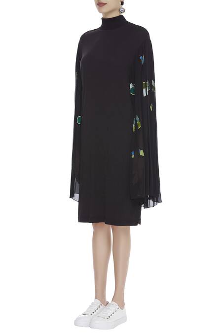 Buy_Huemn_Black Silk Georgette Embroidered High Neck Bell Sleeve Dress  _Online_at_Aza_Fashions