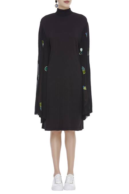 Shop_Huemn_Black Silk Georgette Embroidered High Neck Bell Sleeve Dress  _Online_at_Aza_Fashions