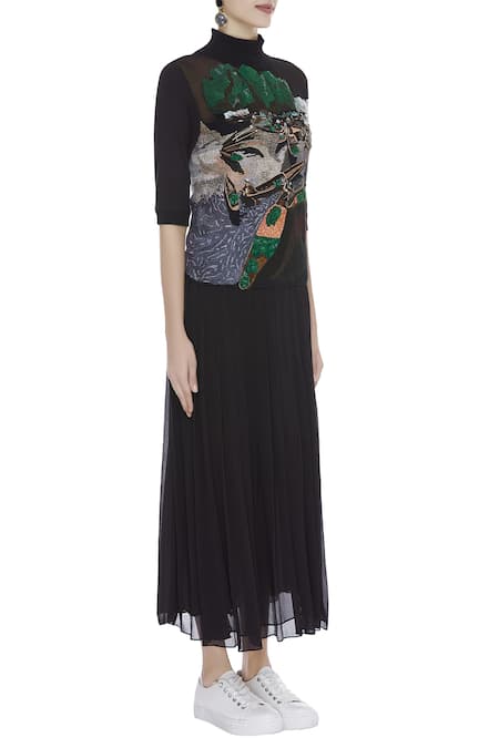 Huemn_Black High Neck Embroidered Dress _Online_at_Aza_Fashions