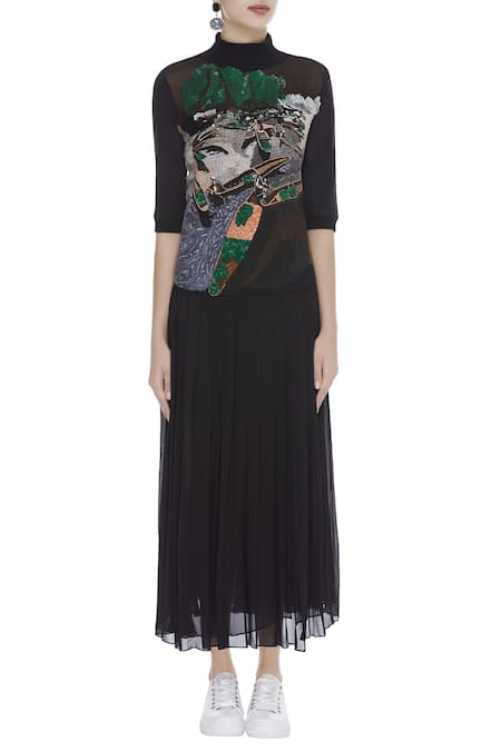 Shop_Huemn_Black High Neck Embroidered Dress _Online_at_Aza_Fashions