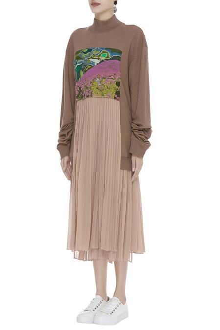 Buy_Huemn_Brown Silk Embroidered High Neck Midi Dress  _Online_at_Aza_Fashions