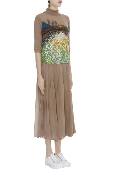 Huemn_Brown Silk Georgette Embroidered High Neck Midi Dress  _Online_at_Aza_Fashions