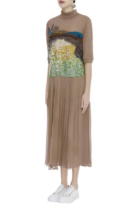 Buy_Huemn_Brown Silk Georgette Embroidered High Neck Midi Dress  _Online_at_Aza_Fashions