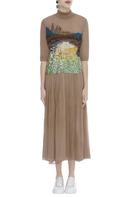 Shop_Huemn_Brown Silk Georgette Embroidered High Neck Midi Dress  _Online_at_Aza_Fashions