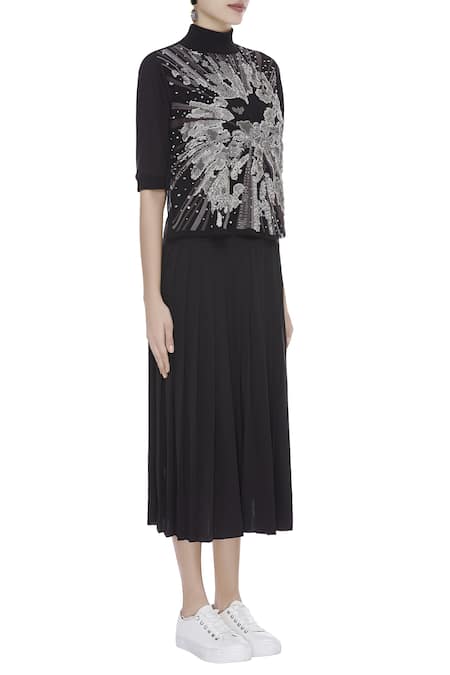 Huemn_Black Embroidery High Neck Midi Dress  _Online_at_Aza_Fashions