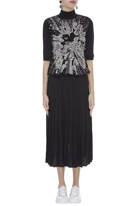 Shop_Huemn_Black Embroidery High Neck Midi Dress  _Online_at_Aza_Fashions