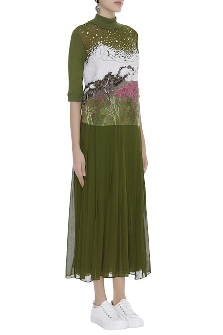 Huemn_Green Silk Georgette Embroidered Round High Slit Dress  _Online_at_Aza_Fashions