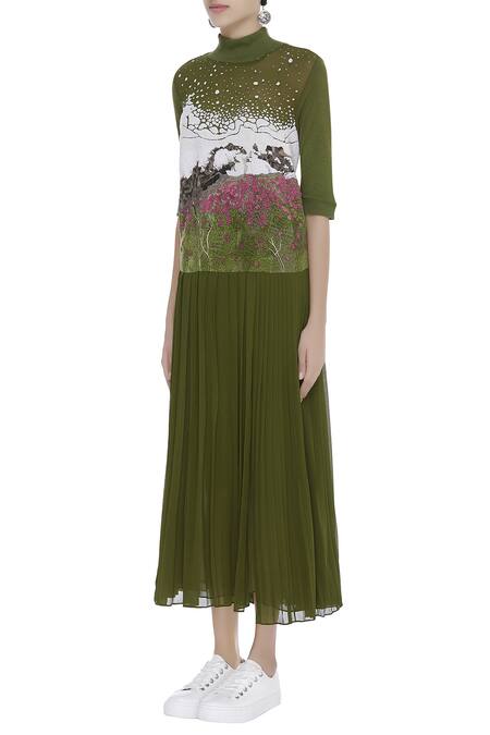 Buy_Huemn_Green Silk Georgette Embroidered Round High Slit Dress  _Online_at_Aza_Fashions