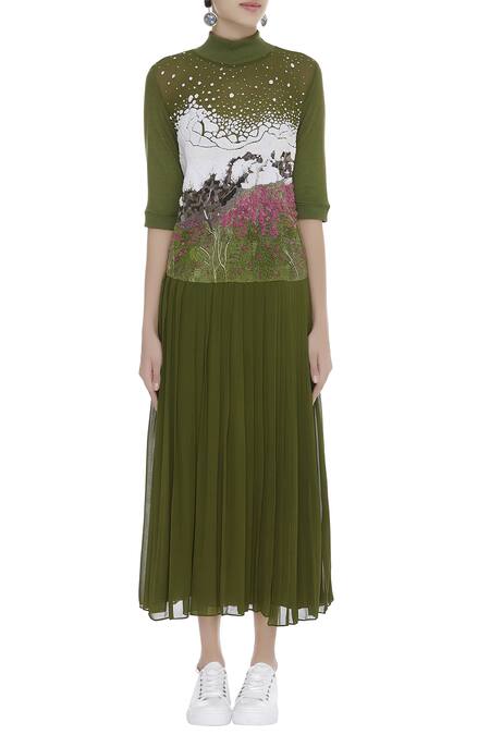 Shop_Huemn_Green Silk Georgette Embroidered Round High Slit Dress  _Online_at_Aza_Fashions