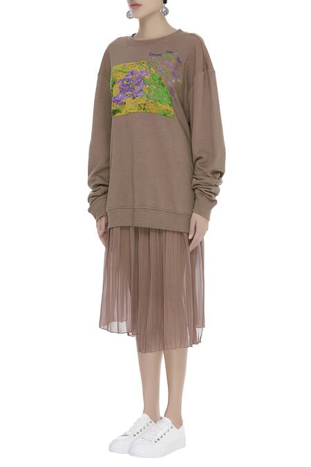 Buy_Huemn_Brown Silk Embroidered Round Sweatshirt And Skirt Set  _Online_at_Aza_Fashions
