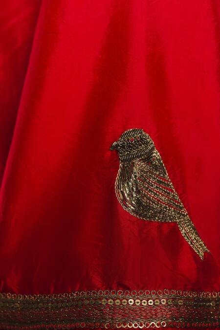 Myoho_Red Embroidery Zari Round Pintucked Frilled Hemline Tunic_Online_at_Aza_Fashions