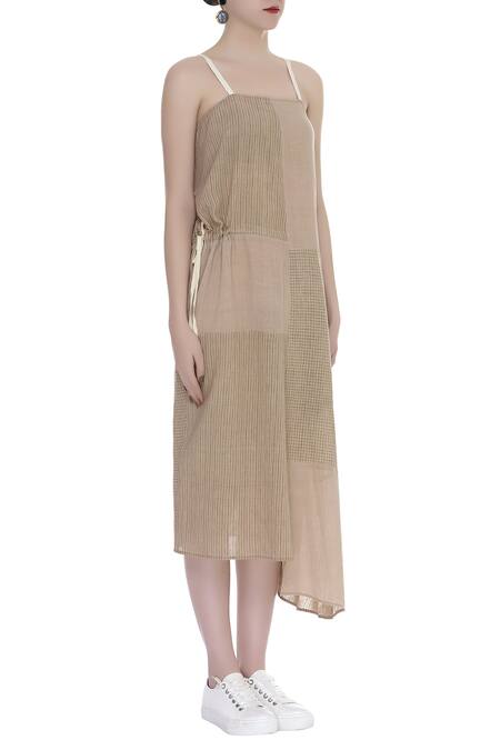 Urvashi Kaur_Brown Cotton Square Neck Checkered And Stripe Panel Midi Dress _Online_at_Aza_Fashions