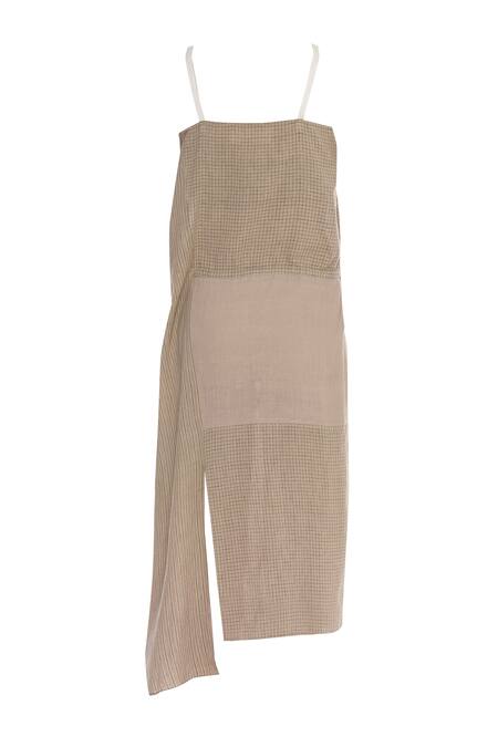 Buy_Urvashi Kaur_Brown Cotton Square Neck Checkered And Stripe Panel Midi Dress _Online_at_Aza_Fashions