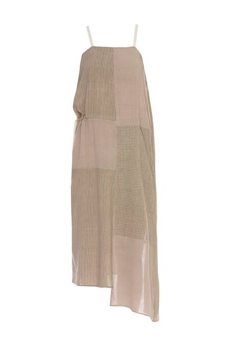 Shop_Urvashi Kaur_Brown Cotton Square Neck Checkered And Stripe Panel Midi Dress _Online_at_Aza_Fashions