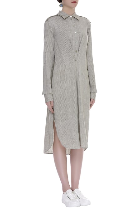 Urvashi Kaur_Gray Cotton Collared Striped Organic High-low Shirt Dress _Online_at_Aza_Fashions
