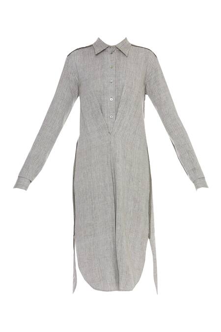 Buy_Urvashi Kaur_Gray Cotton Collared Striped Organic High-low Shirt Dress _Online_at_Aza_Fashions
