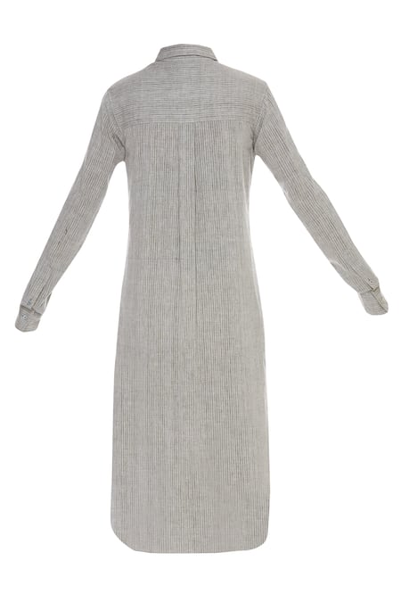 Shop_Urvashi Kaur_Gray Cotton Collared Striped Organic High-low Shirt Dress _Online_at_Aza_Fashions