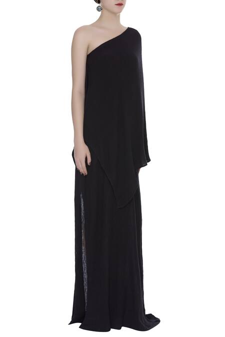 Urvashi Kaur_Black Viscose, Cotton Asymmetric Neck Slit Gown With Overlay _Online_at_Aza_Fashions
