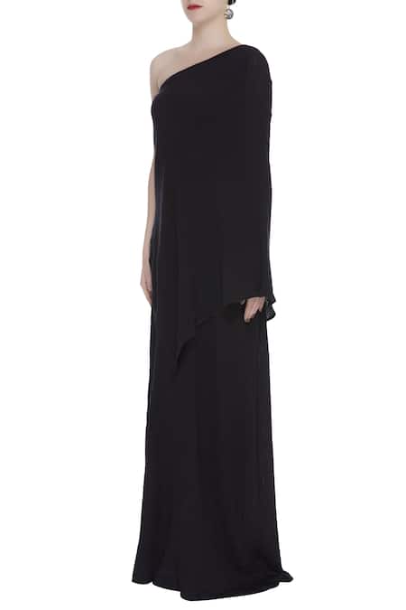 Buy_Urvashi Kaur_Black Viscose, Cotton Asymmetric Neck Slit Gown With Overlay _Online_at_Aza_Fashions