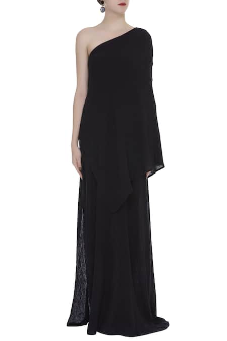 Shop_Urvashi Kaur_Black Viscose, Cotton Asymmetric Neck Slit Gown With Overlay _Online_at_Aza_Fashions