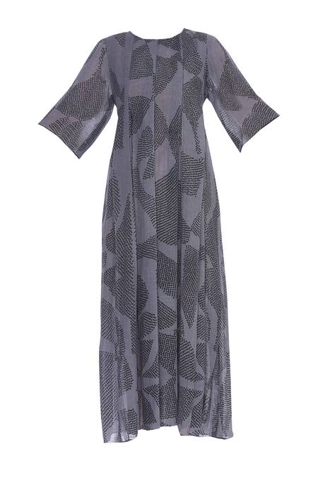 Buy_Urvashi Kaur_Gray Cotton Round Neck Shibori Box Pleat Flared Dress _Online_at_Aza_Fashions