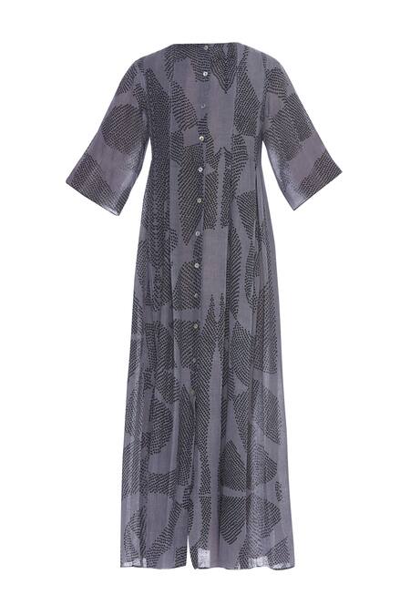 Shop_Urvashi Kaur_Gray Cotton Round Neck Shibori Box Pleat Flared Dress _Online_at_Aza_Fashions