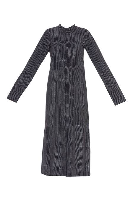 Buy_Urvashi Kaur_Black Cotton Mandarin Collar Block Print Striped Kurta _Online_at_Aza_Fashions