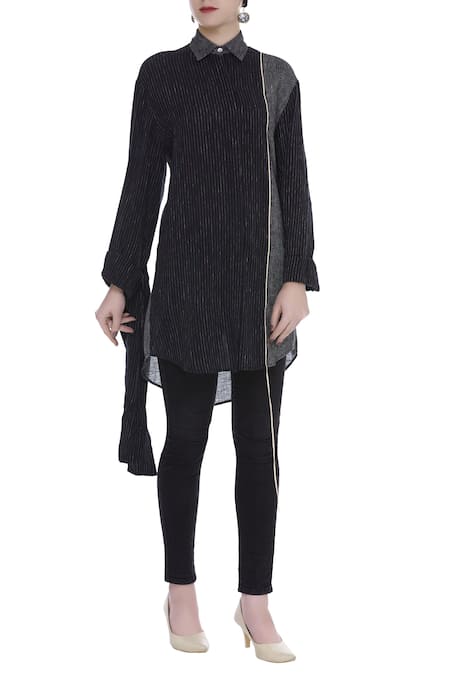 Urvashi Kaur Striped Panel Shirt With Tie-up Sleeve 