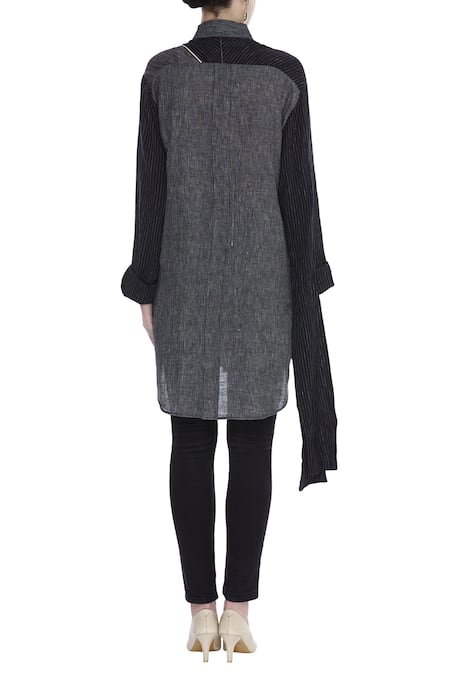 Urvashi Kaur Striped Panel Shirt With Tie-up Sleeve 