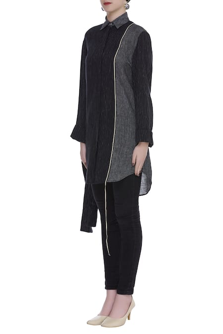 Urvashi Kaur_Black Cotton Collared Striped Panel Shirt With Tie-up Sleeve _Online_at_Aza_Fashions