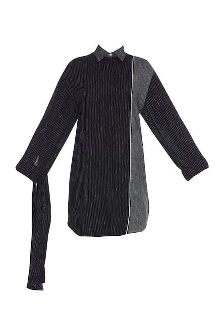 Buy_Urvashi Kaur_Black Cotton Collared Striped Panel Shirt With Tie-up Sleeve _Online_at_Aza_Fashions