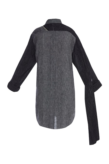 Shop_Urvashi Kaur_Black Cotton Collared Striped Panel Shirt With Tie-up Sleeve _Online_at_Aza_Fashions