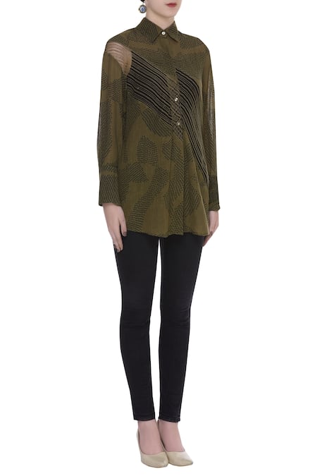 Urvashi Kaur_Green Cotton, Linen Collared Shibori And Sheer Panel Shirt _Online_at_Aza_Fashions
