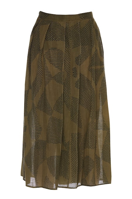 Urvashi Kaur_Olive Green Cotton Tassels Organic Shibori Midi Skirt _Online_at_Aza_Fashions