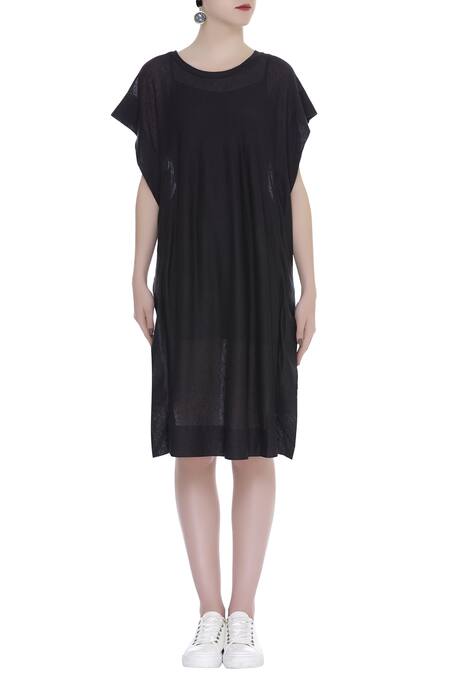 Shop_Urvashi Kaur_Black Cotton Round Neck Organic Midi Dress With Checkered Back _Online_at_Aza_Fashions