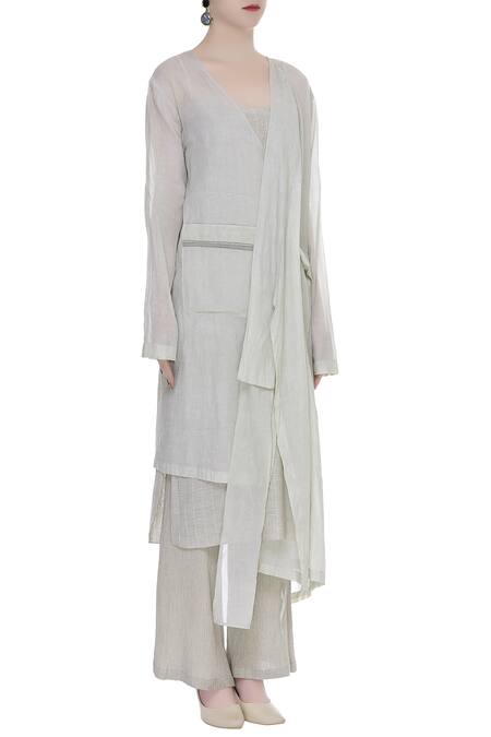 Urvashi Kaur_Gray Cotton, Organza V-neck Asymmetric Overlap Long Jacket _Online_at_Aza_Fashions