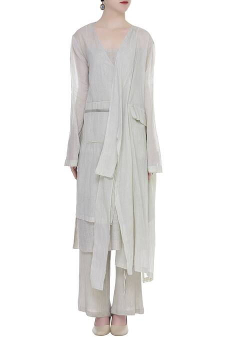 Shop_Urvashi Kaur_Gray Cotton, Organza V-neck Asymmetric Overlap Long Jacket _Online_at_Aza_Fashions