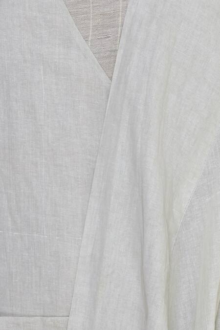 Urvashi Kaur_Gray Cotton, Organza V-neck Asymmetric Overlap Long Jacket _at_Aza_Fashions