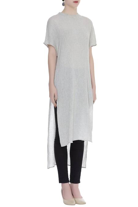 Urvashi Kaur_Gray Viscose, Cotton Round Neck Grey High Low Tunic _Online_at_Aza_Fashions