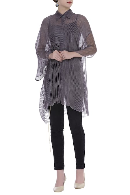 Urvashi Kaur Block Print Striped Sheer Shirt 