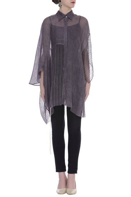 Shop_Urvashi Kaur_Gray Linen Collared Block Print Striped Sheer Shirt _Online_at_Aza_Fashions