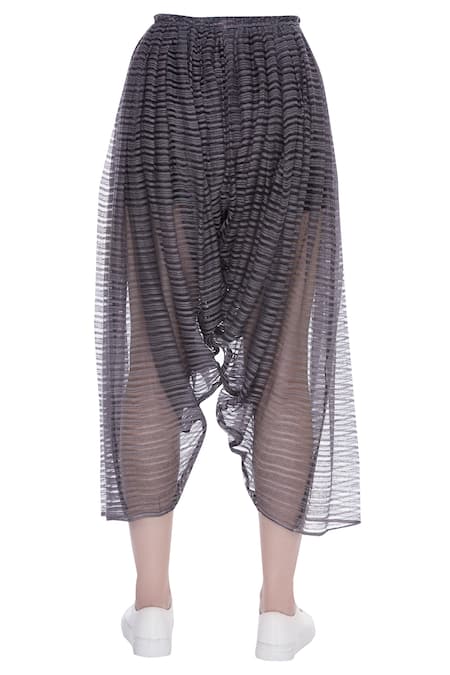 Urvashi Kaur_Gray Linen Draped Striped Noil Pant _Online_at_Aza_Fashions