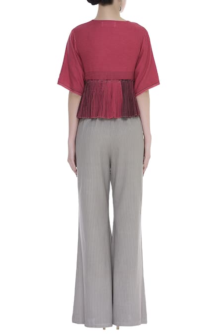 Urvashi Kaur Ikat Motif Peplum Top With Pleats & Tie-ups 